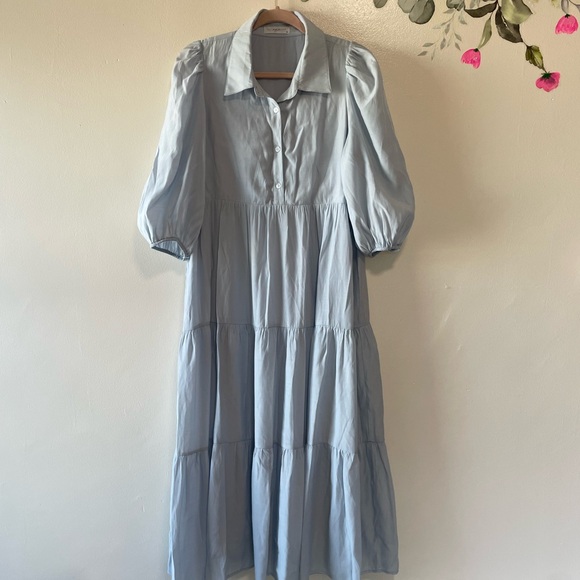 ezra Dresses & Skirts - Ezra Light Blue Tiered Short Sleeve Midi Dress, Puff Sleeve, Size Large